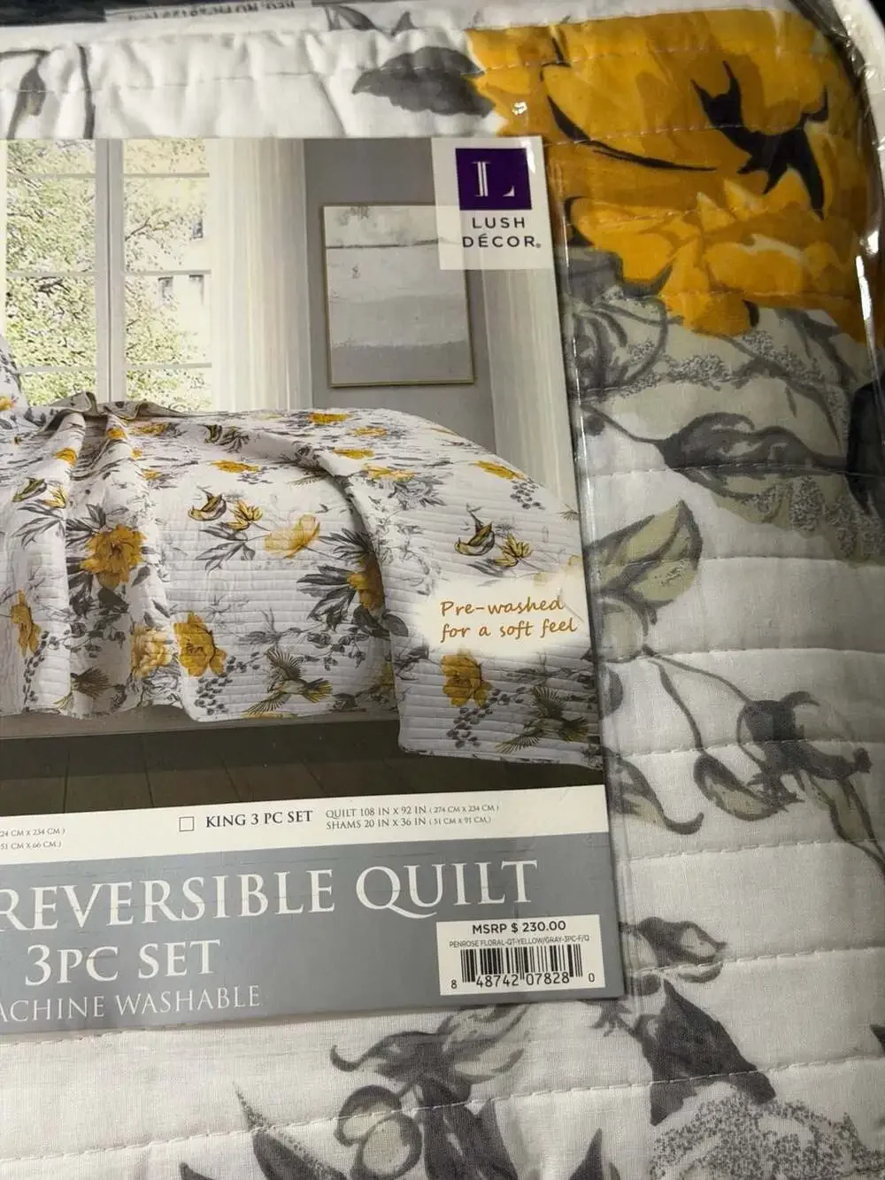 Lush Decor Penrose Reversible Quilt 3-Piece Set Full/Queen Yellow/Gray